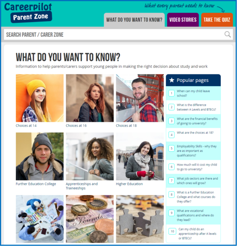 Careerpilot Parent Zone webpage